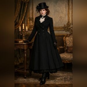 Oscar de la Renta 90s Black Wool Long Pea Coat Gothic Victorian Full Skirt